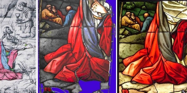 Protestantse erk Oost: de ontwerptekening en het glas-in-loodraam voor en na een restauratie van studenten van de bacheloropleiding Conservatie & Restauratie. Foto's Dick Wursten en Maud Ibanez